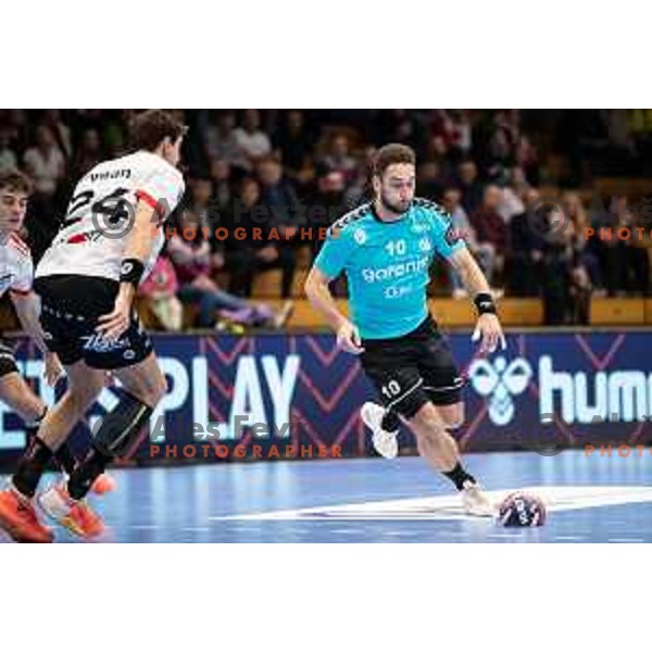 Urban Pipp in action during EHF European league match between Gorenje Velenje and Pfadi Winterthur in Velenje, Slovenia on October 17, 2023.