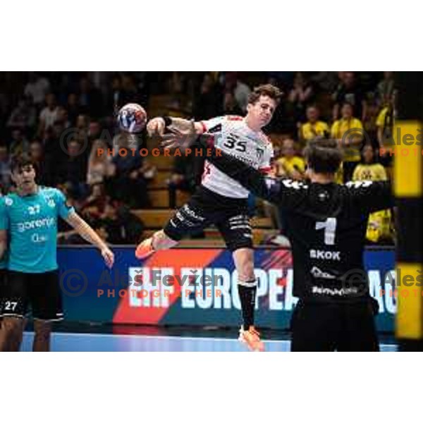 in action during EHF European league match between Gorenje Velenje and Pfadi Winterthur in Velenje, Slovenia on October 17, 2023.