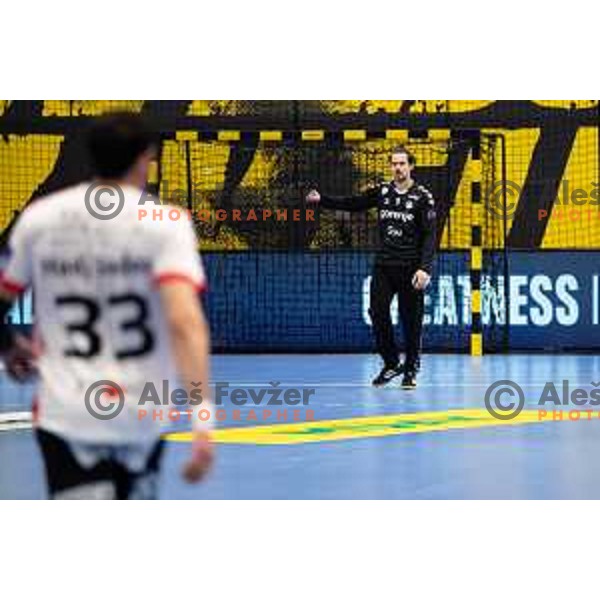 Matevz Skok in action during EHF European league match between Gorenje Velenje and Pfadi Winterthur in Velenje, Slovenia on October 17, 2023.