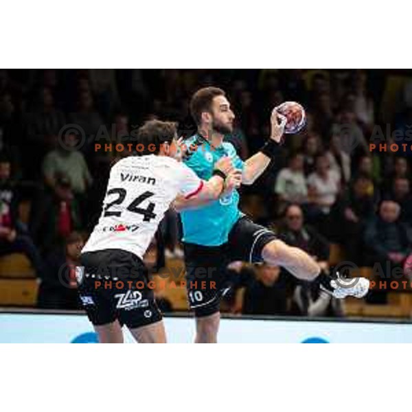 Urban Pipp in action during EHF European league match between Gorenje Velenje and Pfadi Winterthur in Velenje, Slovenia on October 17, 2023.