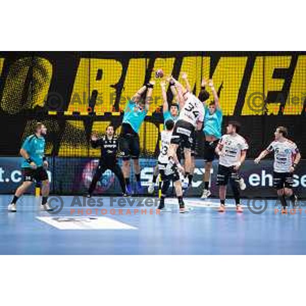 in action during EHF European league match between Gorenje Velenje and Pfadi Winterthur in Velenje, Slovenia on October 17, 2023.