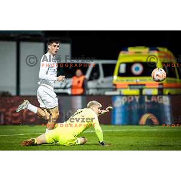 Svit Sešlar scores goal during 2025 UEFA European U21 Championship qualifications football match between Slovenia and Austria in Fazanerija, Murska Sobota, Slovenia on October 17, 2023. Photo: Jure Banfi