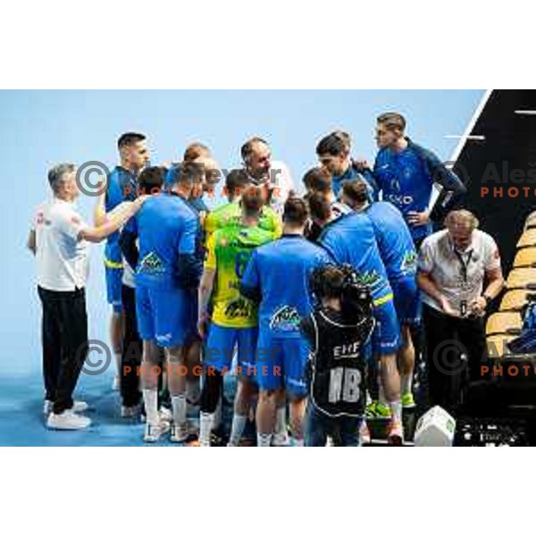 Celje bench in action during EHF Champions League handball match between Celje Pivovarna Lasko and Barcelona handball in Zlatorog Arena, Celje, Slovenia on October 18, 2023.