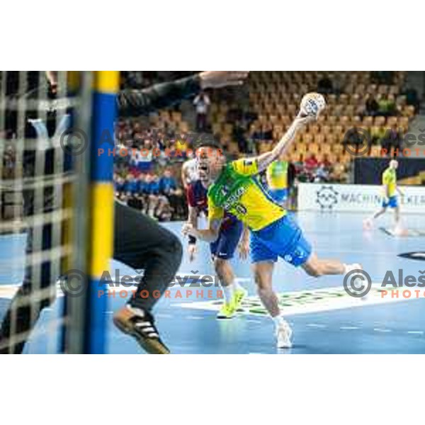 Tim Cokan in action during EHF Champions League handball match between Celje Pivovarna Lasko and Barcelona handball in Zlatorog Arena, Celje, Slovenia on October 18, 2023.