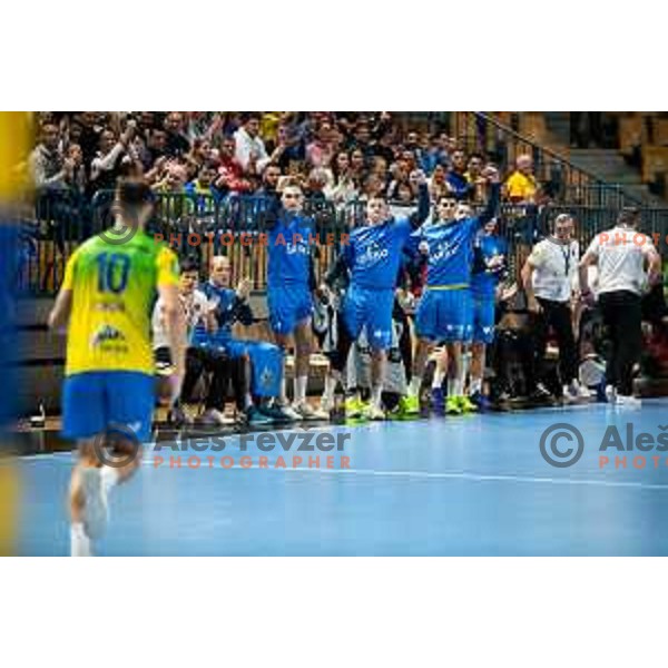 Celje bench in action during EHF Champions League handball match between Celje Pivovarna Lasko and Barcelona handball in Zlatorog Arena, Celje, Slovenia on October 18, 2023.