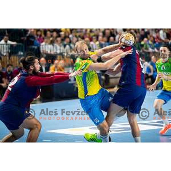 Ziga Mlakar in action during EHF Champions League handball match between Celje Pivovarna Lasko and Barcelona handball in Zlatorog Arena, Celje, Slovenia on October 18, 2023.