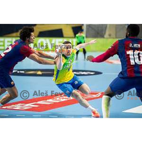 Mitja Janc in action during EHF Champions League handball match between Celje Pivovarna Lasko and Barcelona handball in Zlatorog Arena, Celje, Slovenia on October 18, 2023.