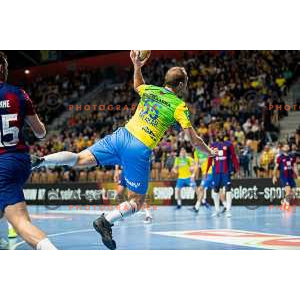 Grega Krecic in action during EHF Champions League handball match between Celje Pivovarna Lasko and Barcelona handball in Zlatorog Arena, Celje, Slovenia on October 18, 2023.