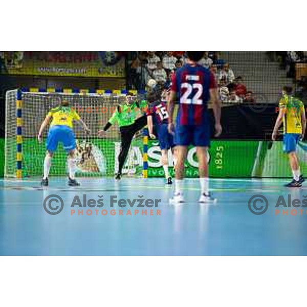 Rok Zaponsek in action during EHF Champions League handball match between Celje Pivovarna Lasko and Barcelona handball in Zlatorog Arena, Celje, Slovenia on October 18, 2023.