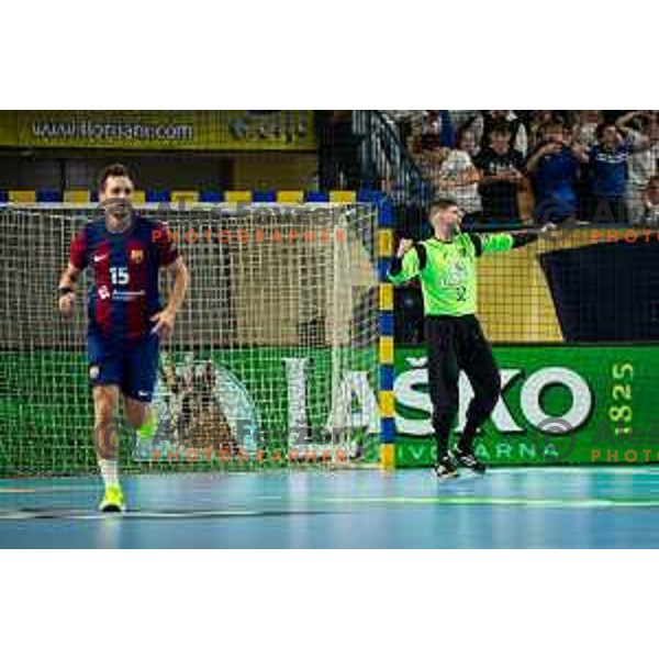 Rok Zaponsek in action during EHF Champions League handball match between Celje Pivovarna Lasko and Barcelona handball in Zlatorog Arena, Celje, Slovenia on October 18, 2023.