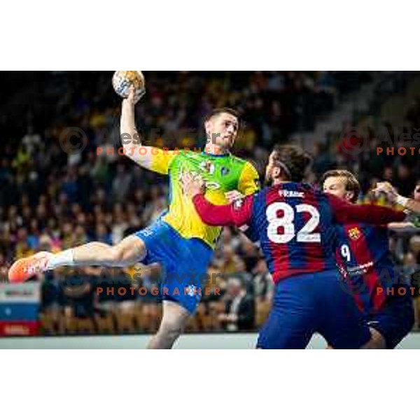 Mitja Janc in action during EHF Champions League handball match between Celje Pivovarna Lasko and Barcelona handball in Zlatorog Arena, Celje, Slovenia on October 18, 2023.