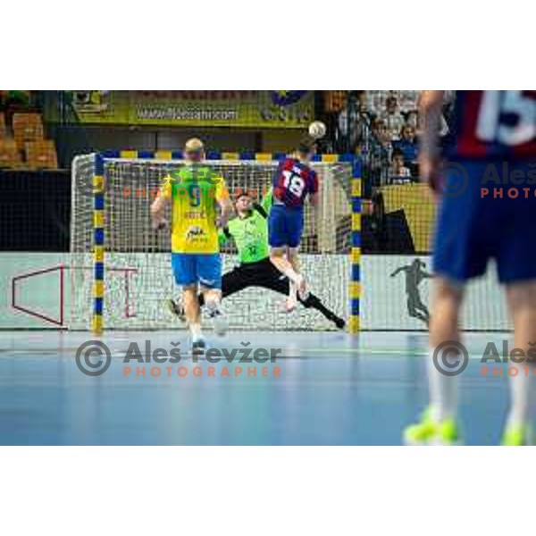 Blaz Janc in action during EHF Champions League handball match between Celje Pivovarna Lasko and Barcelona handball in Zlatorog Arena, Celje, Slovenia on October 18, 2023.