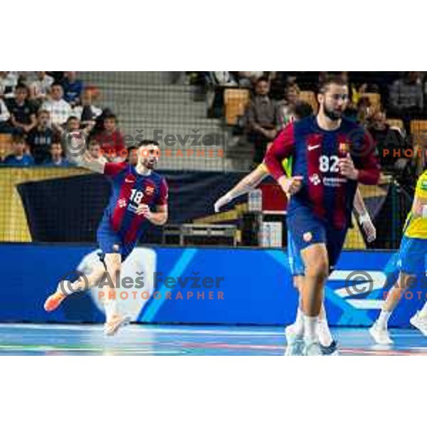 Blaz Janc in action during EHF Champions League handball match between Celje Pivovarna Lasko and Barcelona handball in Zlatorog Arena, Celje, Slovenia on October 18, 2023.