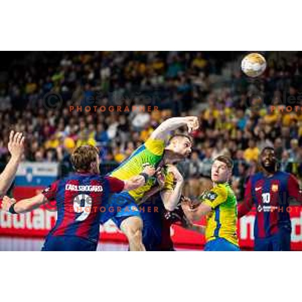 Mitja Janc in action during EHF Champions League handball match between Celje Pivovarna Lasko and Barcelona handball in Zlatorog Arena, Celje, Slovenia on October 18, 2023.