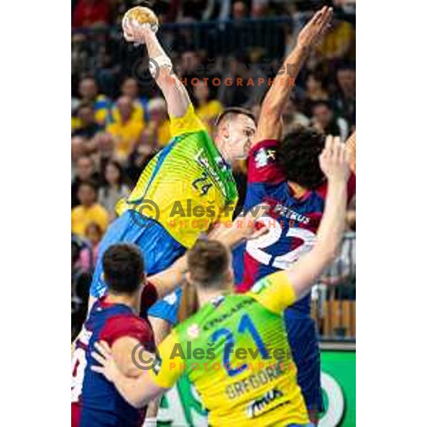 Uros Milicevic in action during EHF Champions League handball match between Celje Pivovarna Lasko and Barcelona handball in Zlatorog Arena, Celje, Slovenia on October 18, 2023.