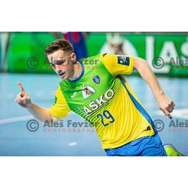 Vid Kacicnik in action during EHF Champions League handball match between Celje Pivovarna Lasko and Barcelona handball in Zlatorog Arena, Celje, Slovenia on October 18, 2023.