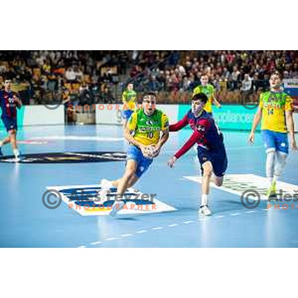 Tim Cokan in action during EHF Champions League handball match between Celje Pivovarna Lasko and Barcelona handball in Zlatorog Arena, Celje, Slovenia on October 18, 2023.