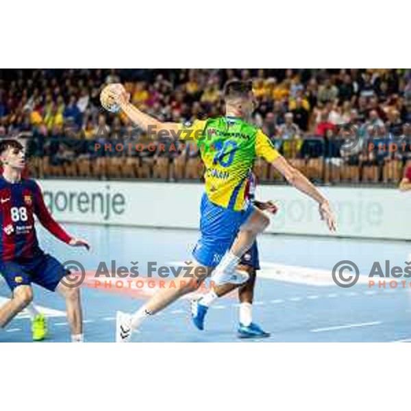 Tim Cokan in action during EHF Champions League handball match between Celje Pivovarna Lasko and Barcelona handball in Zlatorog Arena, Celje, Slovenia on October 18, 2023.