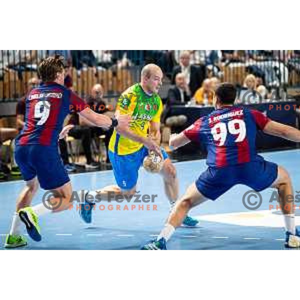 Grega Krecic in action during EHF Champions League handball match between Celje Pivovarna Lasko and Barcelona handball in Zlatorog Arena, Celje, Slovenia on October 18, 2023.