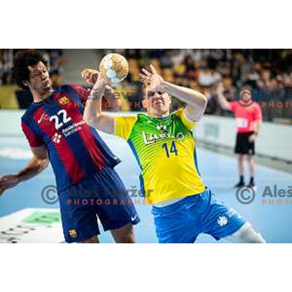 Vukasin Antonijevic in action during EHF Champions League handball match between Celje Pivovarna Lasko and Barcelona handball in Zlatorog Arena, Celje, Slovenia on October 18, 2023.