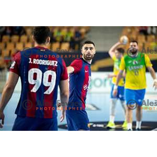 Blaz Janc in action during EHF Champions League handball match between Celje Pivovarna Lasko and Barcelona handball in Zlatorog Arena, Celje, Slovenia on October 18, 2023.