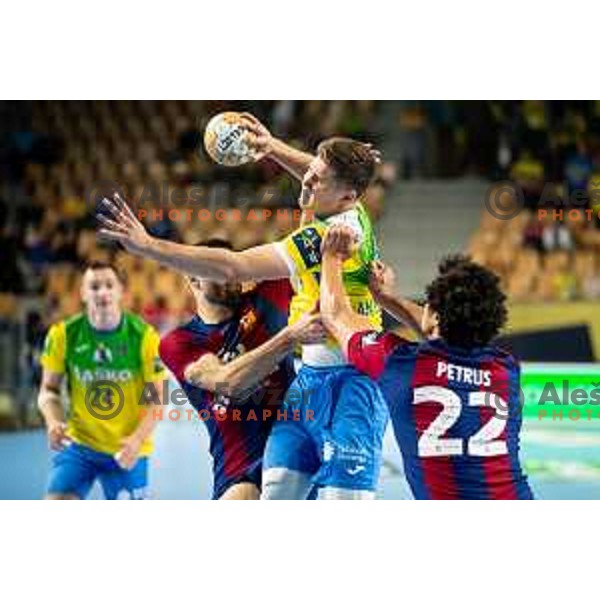 Vukasin Antonijevic in action during EHF Champions League handball match between Celje Pivovarna Lasko and Barcelona handball in Zlatorog Arena, Celje, Slovenia on October 18, 2023.