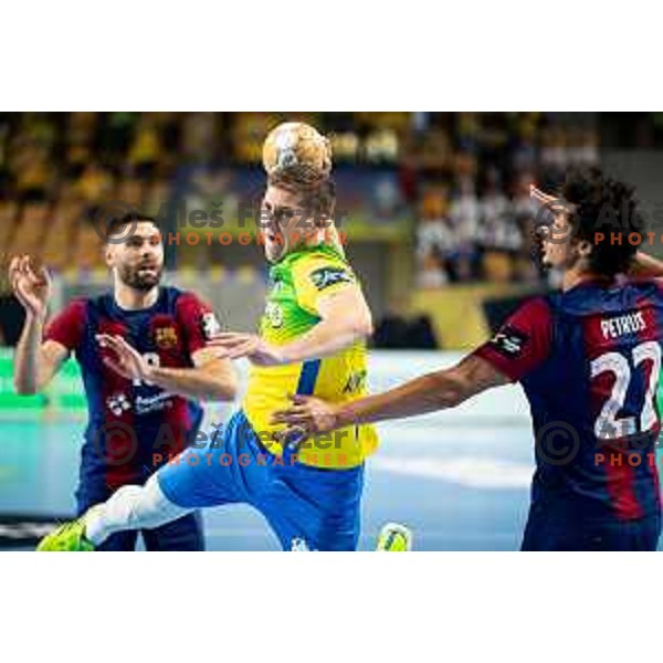 Vukasin Antonijevic in action during EHF Champions League handball match between Celje Pivovarna Lasko and Barcelona handball in Zlatorog Arena, Celje, Slovenia on October 18, 2023.