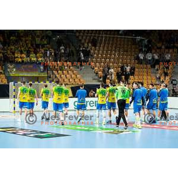 Celje team after EHF Champions League handball match between Celje Pivovarna Lasko and Barcelona handball in Zlatorog Arena, Celje, Slovenia on October 18, 2023.