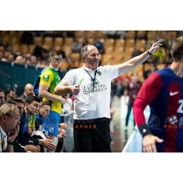 Alem Toskic in action during EHF Champions League handball match between Celje Pivovarna Lasko and Barcelona handball in Zlatorog Arena, Celje, Slovenia on October 18, 2023.