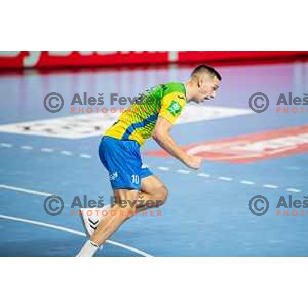 Tim Cokan in action during EHF Champions League handball match between Celje Pivovarna Lasko and Barcelona handball in Zlatorog Arena, Celje, Slovenia on October 18, 2023.