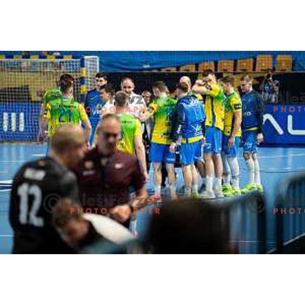 Celje timeout during EHF Champions League handball match between Celje Pivovarna Lasko and Barcelona handball in Zlatorog Arena, Celje, Slovenia on October 18, 2023.