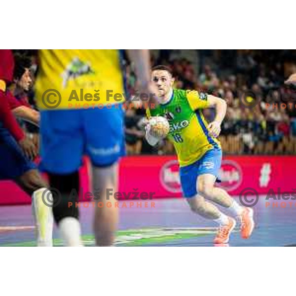 Mitja Janc in action during EHF Champions League handball match between Celje Pivovarna Lasko and Barcelona handball in Zlatorog Arena, Celje, Slovenia on October 18, 2023.