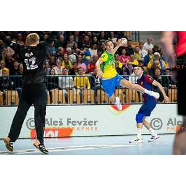 Tim Cokan in action during EHF Champions League handball match between Celje Pivovarna Lasko and Barcelona handball in Zlatorog Arena, Celje, Slovenia on October 18, 2023.