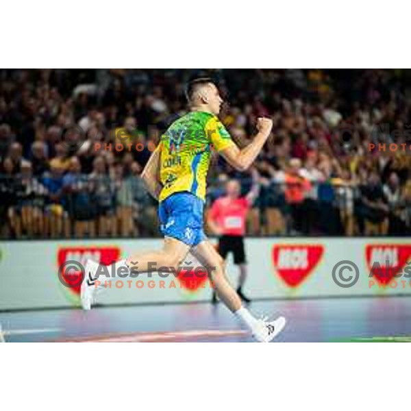 Tim Cokan in action during EHF Champions League handball match between Celje Pivovarna Lasko and Barcelona handball in Zlatorog Arena, Celje, Slovenia on October 18, 2023.