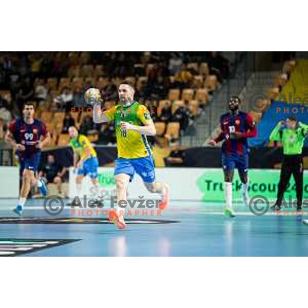 Mitja Janc in action during EHF Champions League handball match between Celje Pivovarna Lasko and Barcelona handball in Zlatorog Arena, Celje, Slovenia on October 18, 2023.