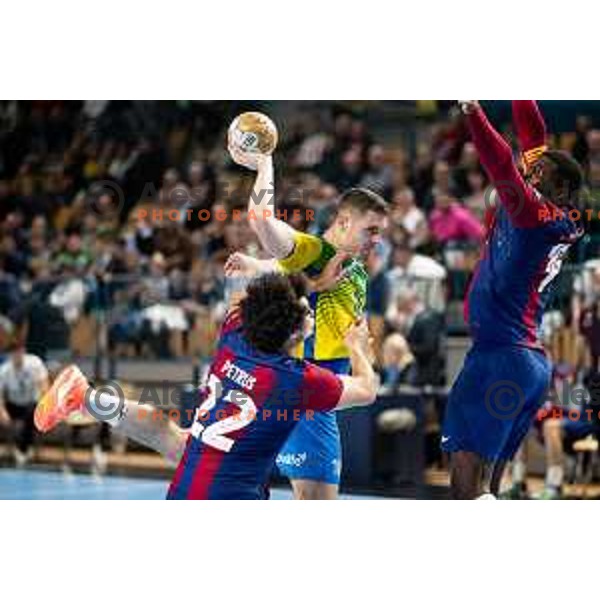 Mitja Janc in action during EHF Champions League handball match between Celje Pivovarna Lasko and Barcelona handball in Zlatorog Arena, Celje, Slovenia on October 18, 2023.