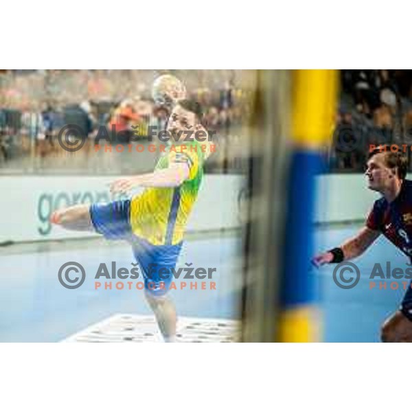 Mitja Janc in action during EHF Champions League handball match between Celje Pivovarna Lasko and Barcelona handball in Zlatorog Arena, Celje, Slovenia on October 18, 2023.