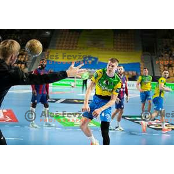 Tadej Mazej in action during EHF Champions League handball match between Celje Pivovarna Lasko and Barcelona handball in Zlatorog Arena, Celje, Slovenia on October 18, 2023.