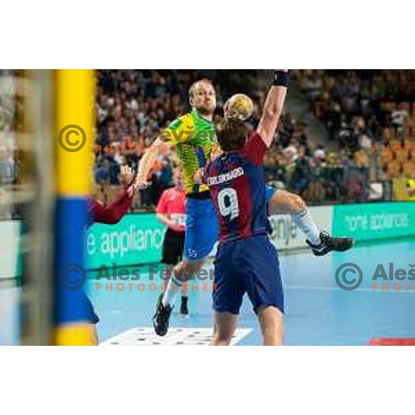 Ziga Mlakar in action during EHF Champions League handball match between Celje Pivovarna Lasko and Barcelona handball in Zlatorog Arena, Celje, Slovenia on October 18, 2023.