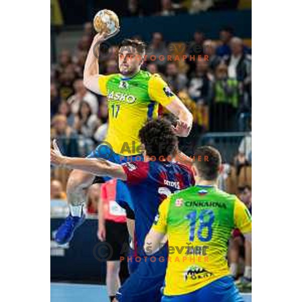 Ante Ivankovic in action during EHF Champions League handball match between Celje Pivovarna Lasko and Barcelona handball in Zlatorog Arena, Celje, Slovenia on October 18, 2023.