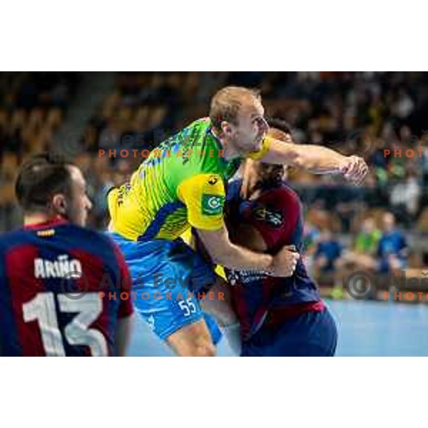 Ziga Mlakar in action during EHF Champions League handball match between Celje Pivovarna Lasko and Barcelona handball in Zlatorog Arena, Celje, Slovenia on October 18, 2023.