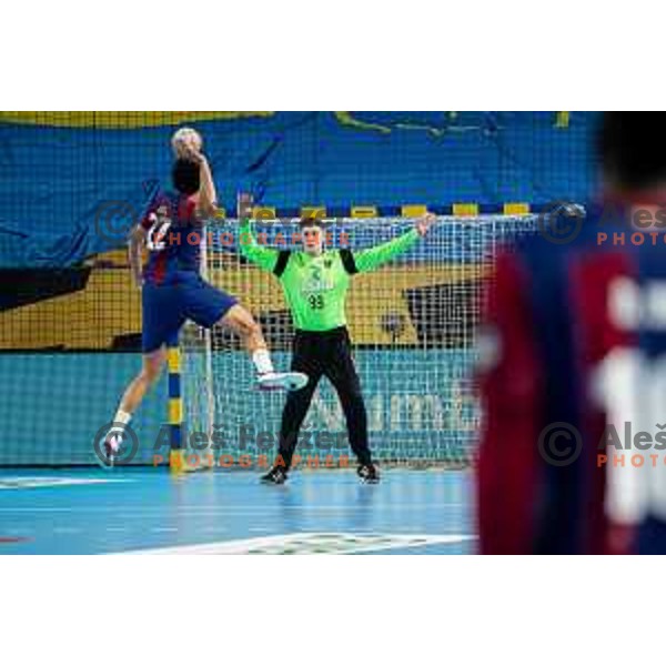 Gal Gabersek in action during EHF Champions League handball match between Celje Pivovarna Lasko and Barcelona handball in Zlatorog Arena, Celje, Slovenia on October 18, 2023.