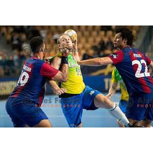 Ziga Mlakar in action during EHF Champions League handball match between Celje Pivovarna Lasko and Barcelona handball in Zlatorog Arena, Celje, Slovenia on October 18, 2023.