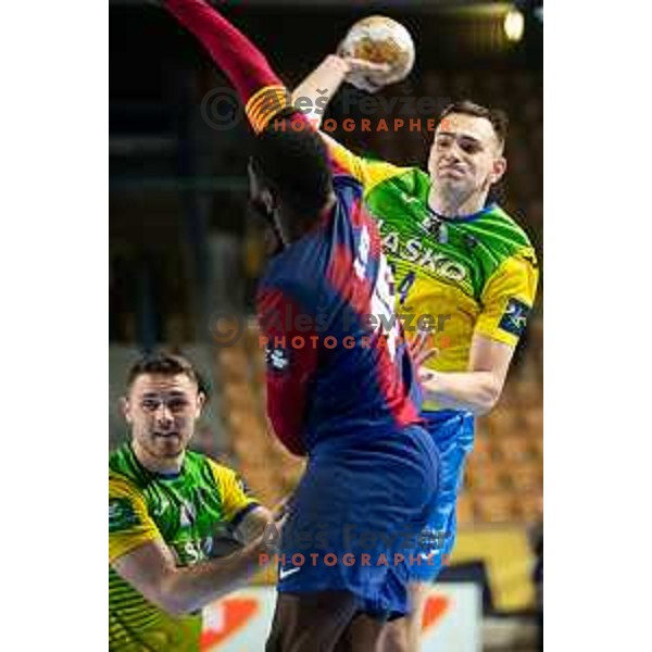 Uros Milicevic in action during EHF Champions League handball match between Celje Pivovarna Lasko and Barcelona handball in Zlatorog Arena, Celje, Slovenia on October 18, 2023.