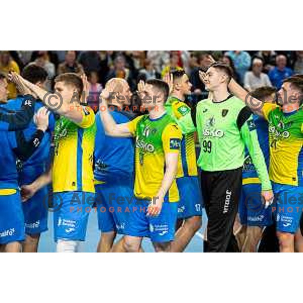 Celje team after EHF Champions League handball match between Celje Pivovarna Lasko and Barcelona handball in Zlatorog Arena, Celje, Slovenia on October 18, 2023.