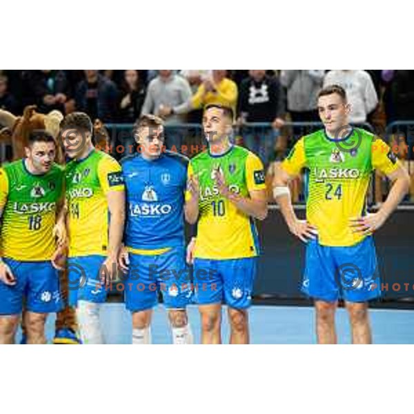 Celje team after EHF Champions League handball match between Celje Pivovarna Lasko and Barcelona handball in Zlatorog Arena, Celje, Slovenia on October 18, 2023.