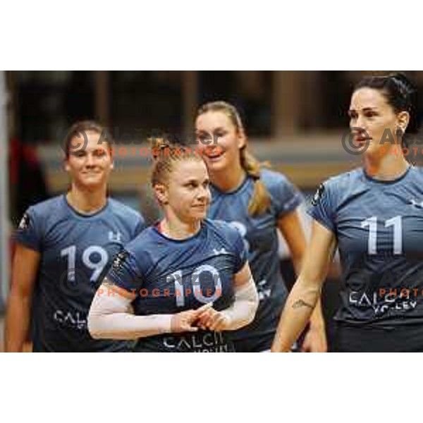 Sara Hutinski and Sara Najdic in action during Sportklub 1A DOL league volleyball match between Calcit Volley and Nova KBM Branik in Kamnik, Slovenia on October 20, 2023