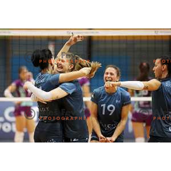 in action during Sportklub 1A DOL league volleyball match between Calcit Volley and Nova KBM Branik in Kamnik, Slovenia on October 20, 2023