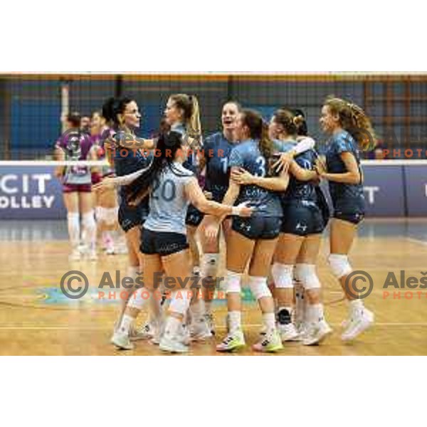 Sara Hutinski and Sara Najdic in action during Sportklub 1A DOL league volleyball match between Calcit Volley and Nova KBM Branik in Kamnik, Slovenia on October 20, 2023