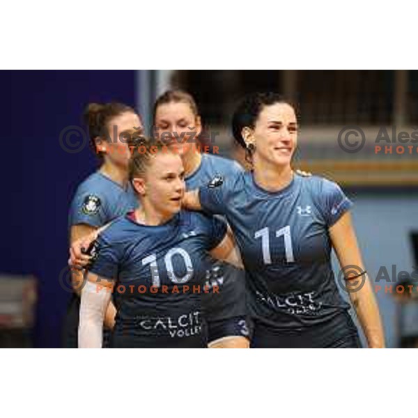 Sara Hutinski and Sara Najdic in action during Sportklub 1A DOL league volleyball match between Calcit Volley and Nova KBM Branik in Kamnik, Slovenia on October 20, 2023